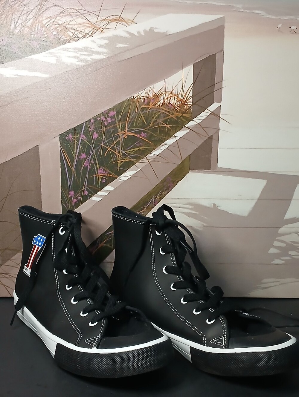 Black High-Top Canvas Sneakers with American Flag Patch, Mens Harley Davidson